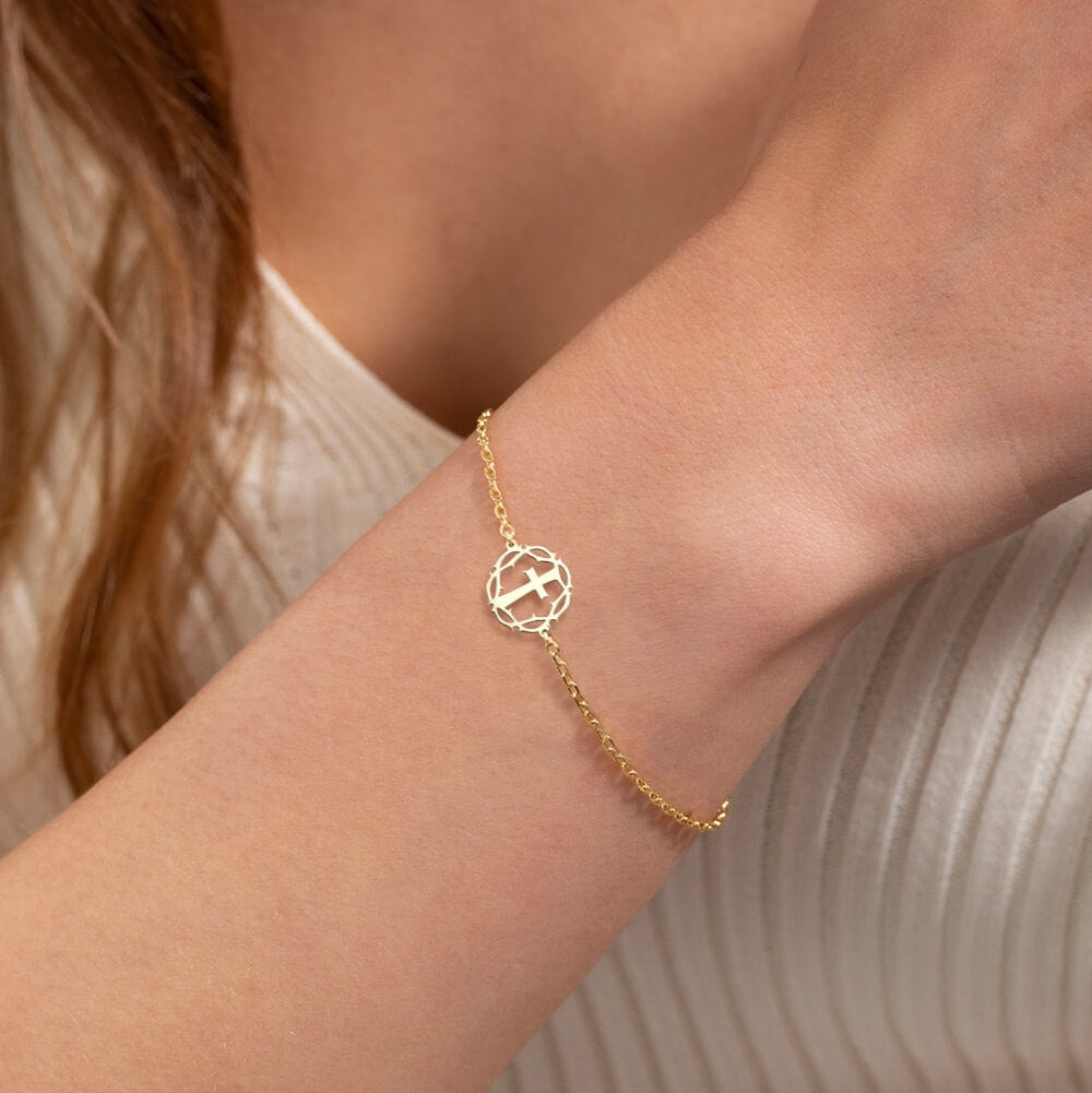 Crown Thorns Cross Bracelet 14K Gold Plated Sterling Silver