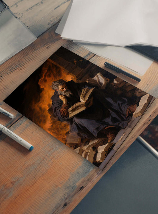 1 Corinthians 3:17 Scholar Amidst Flames Christian Art Poster Print