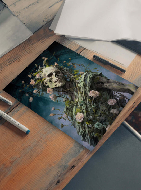 2 Corinthians 12:9 Enigmatic Floral Skull | Christian Decor Poster Print