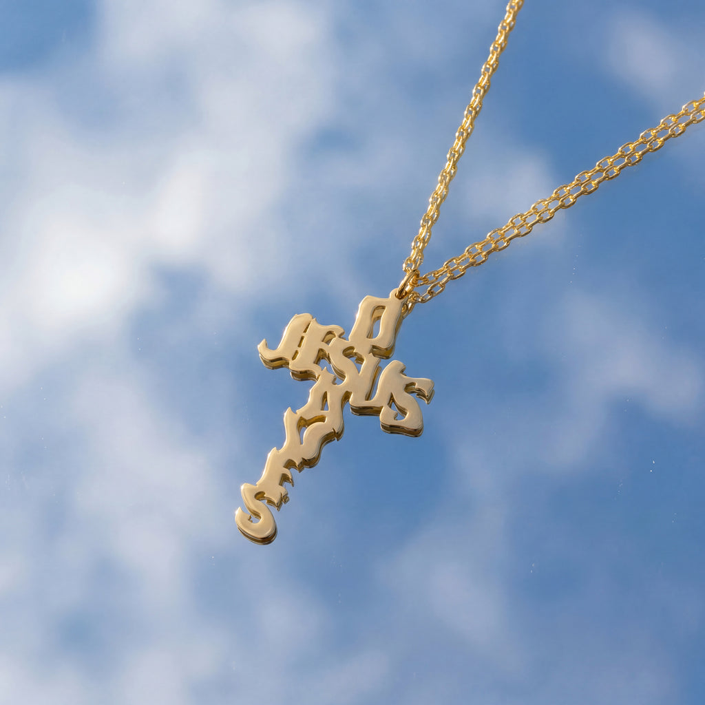 Jesus Saves Cross Necklace in 18k Gold Vermeil