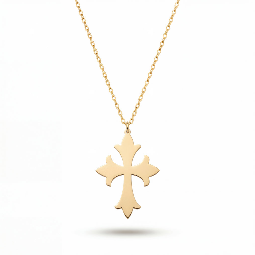 Gothic Fleur Cross Necklace in Yellow Gold Vermeil