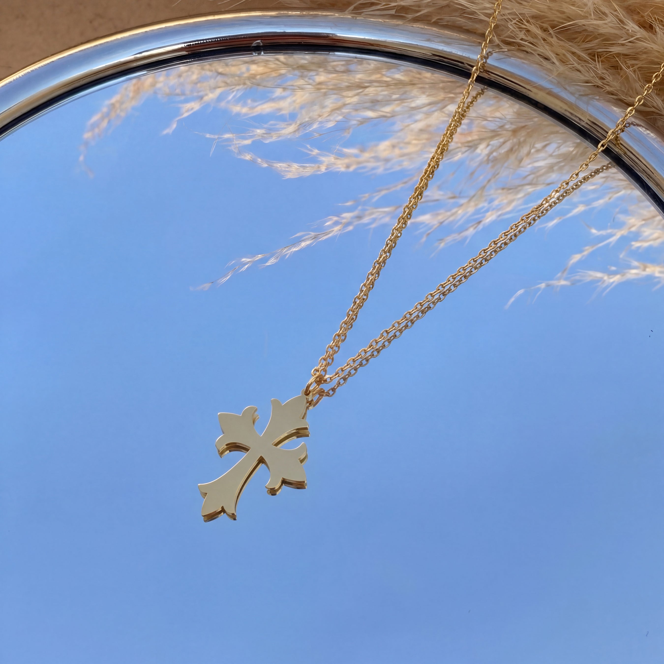 Gothic Fleur Cross Necklace in Yellow Gold Vermeil