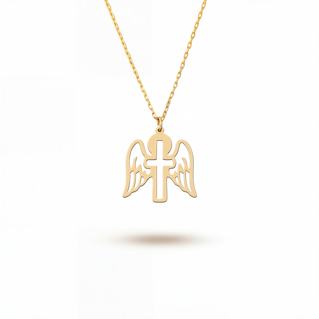 Minimalist Angel Wings Cross Necklace Gold Vermeil
