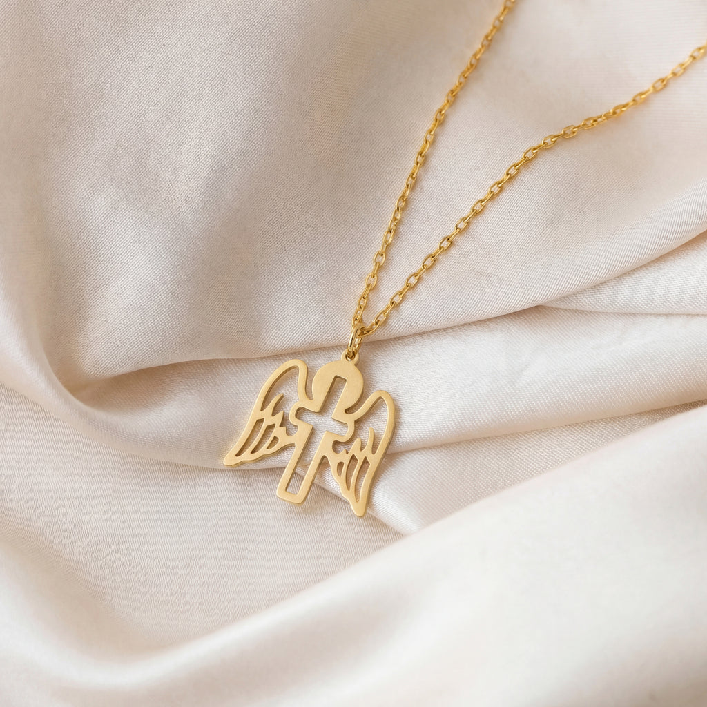 Minimalist Angel Wings Cross Necklace Gold Vermeil