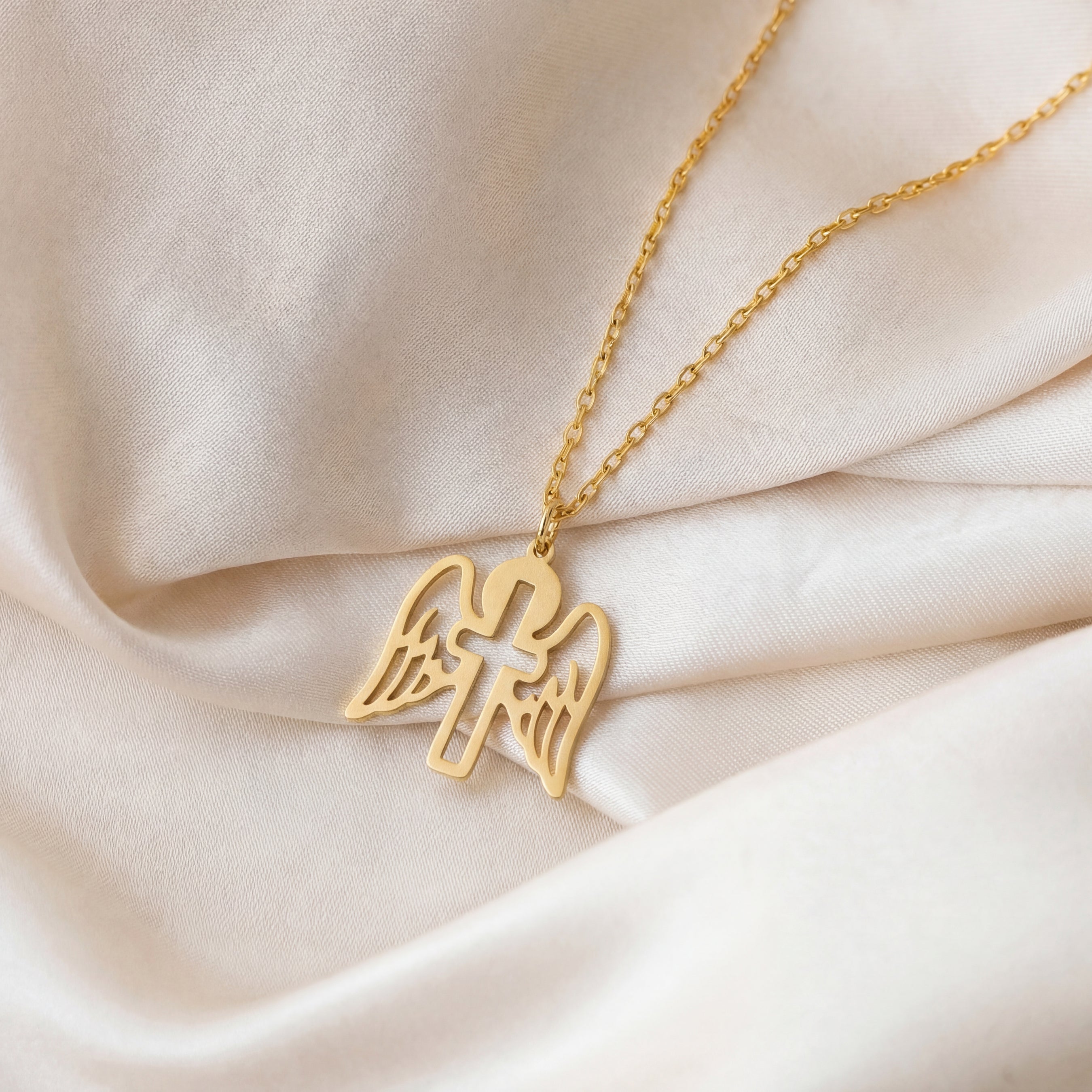 Minimalist Angel Wings Cross Necklace Gold Vermeil