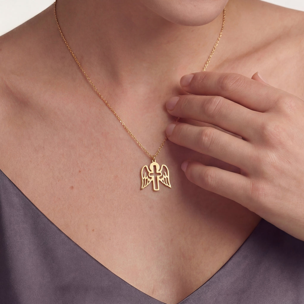 Minimalist Angel Wings Cross Necklace Gold Vermeil