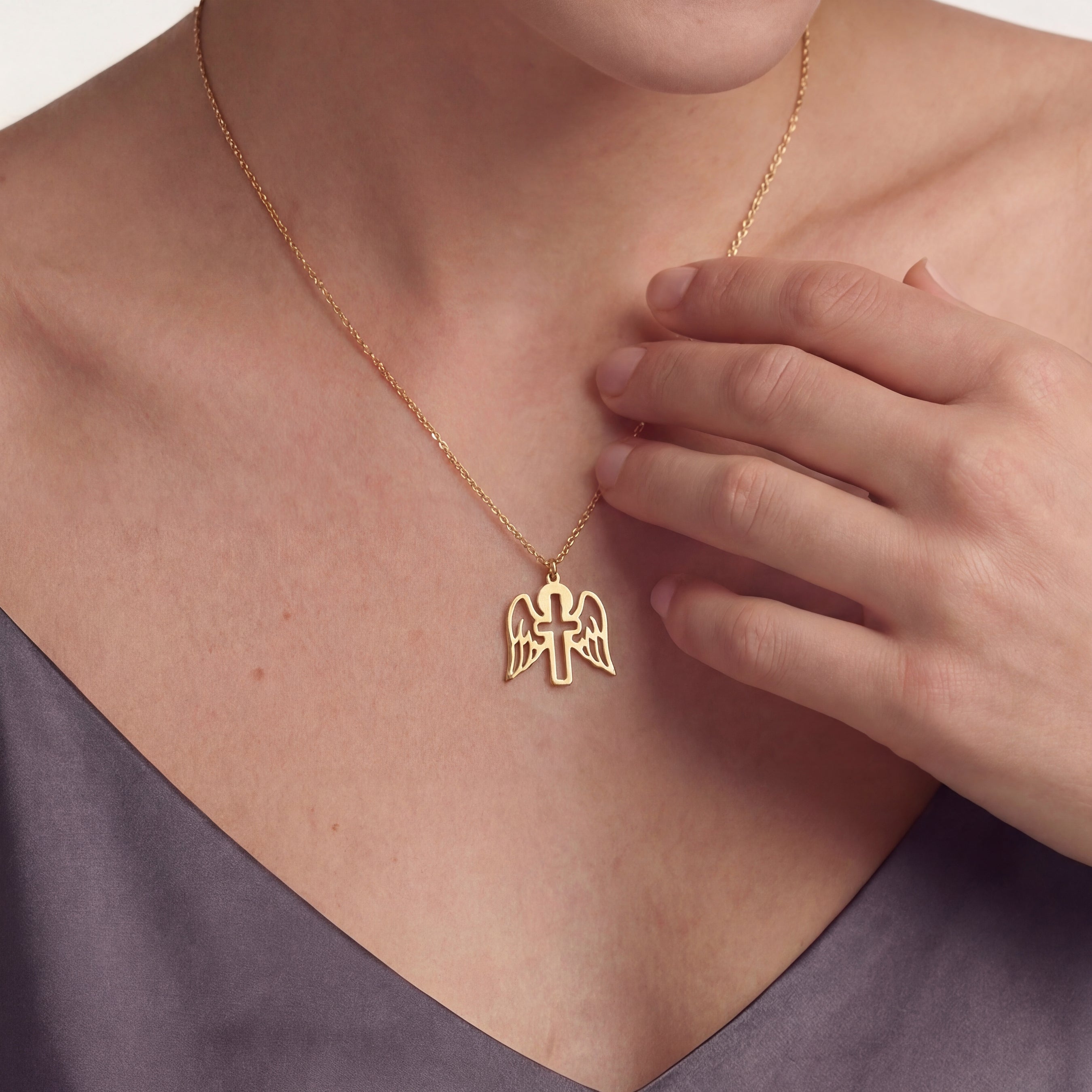 Minimalist Angel Wings Cross Necklace Gold Vermeil