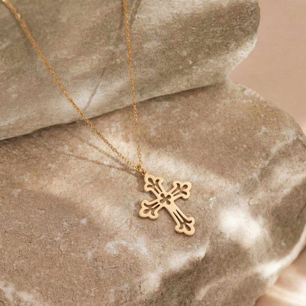Ornate Puncake Cross Necklace 18k Gold Vermeil over Sterling Silver