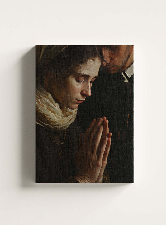 Christian Family in Serene Prayer Neoclassical Painting Canvas