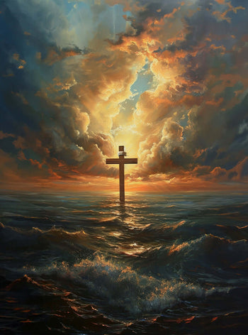 Christian Painting 'Inspirational Dawn Cross Seascape Poster' - Bible Verse Picture Print