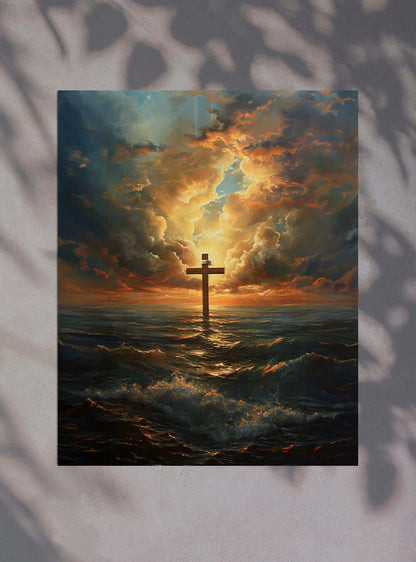 Christian Painting 'Inspirational Dawn Cross Seascape Poster' - Bible Verse Picture Print