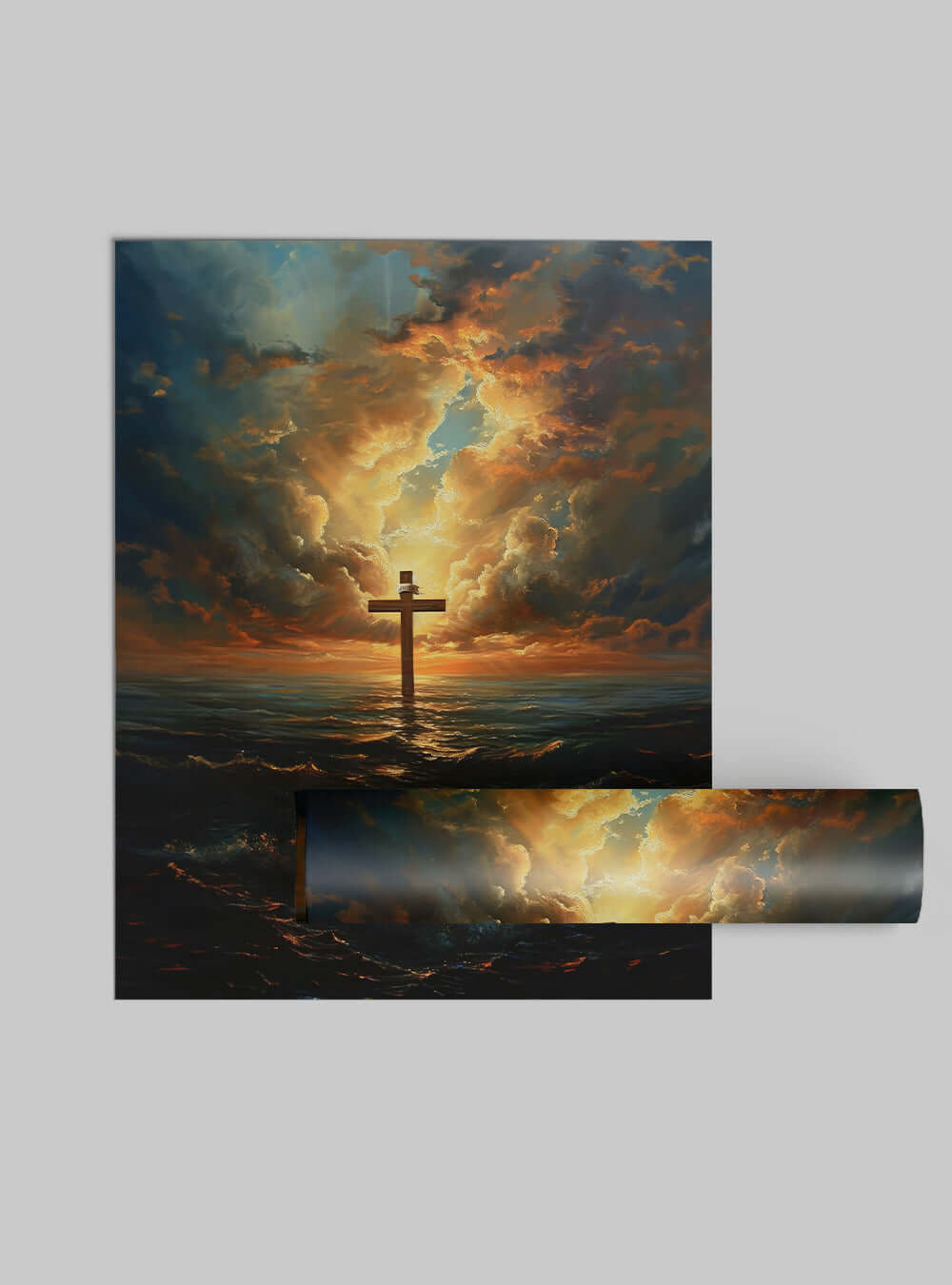 Christian Painting 'Inspirational Dawn Cross Seascape Poster' - Bible Verse Picture Print