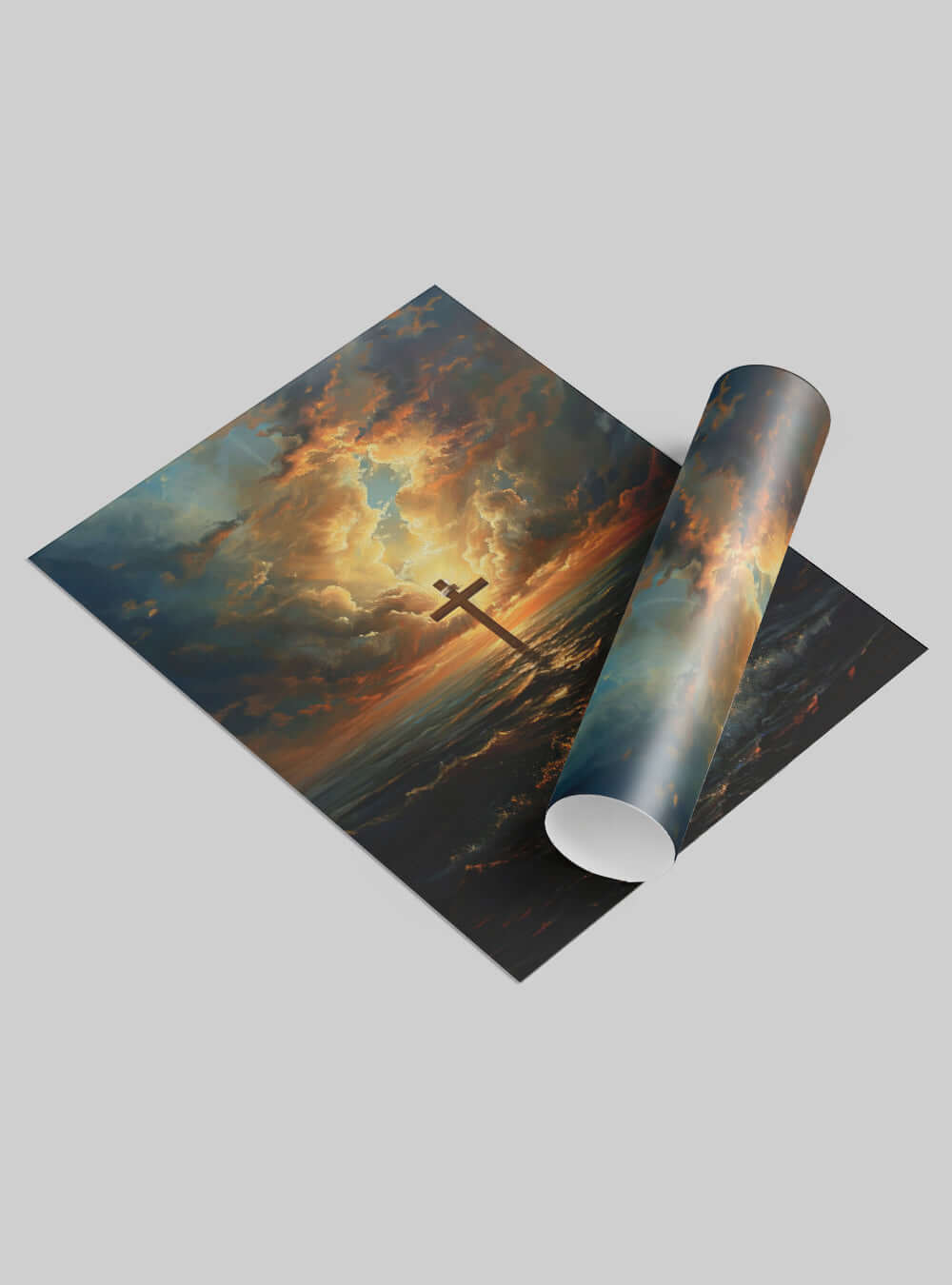 Christian Painting 'Inspirational Dawn Cross Seascape Poster' - Bible Verse Picture Print