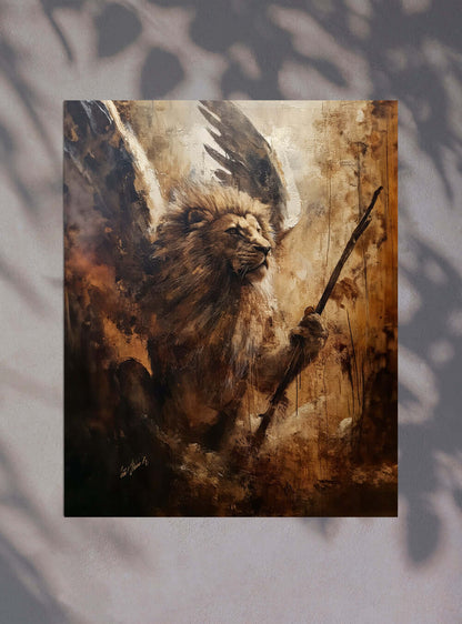 Christian Wall Art by Holysteller: Elegant Lion & Winged-Figure Print + Joshua 1:9 Bible Verse