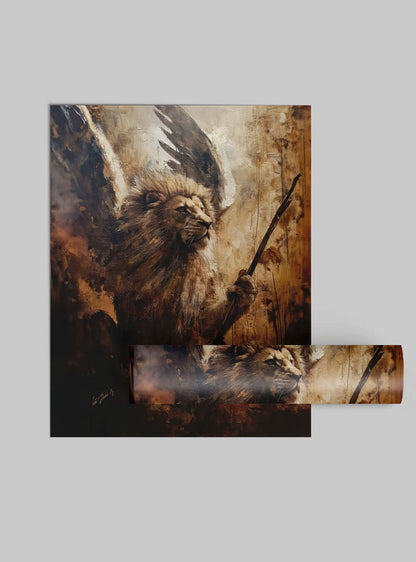 Christian Wall Art by Holysteller: Elegant Lion & Winged-Figure Print + Joshua 1:9 Bible Verse