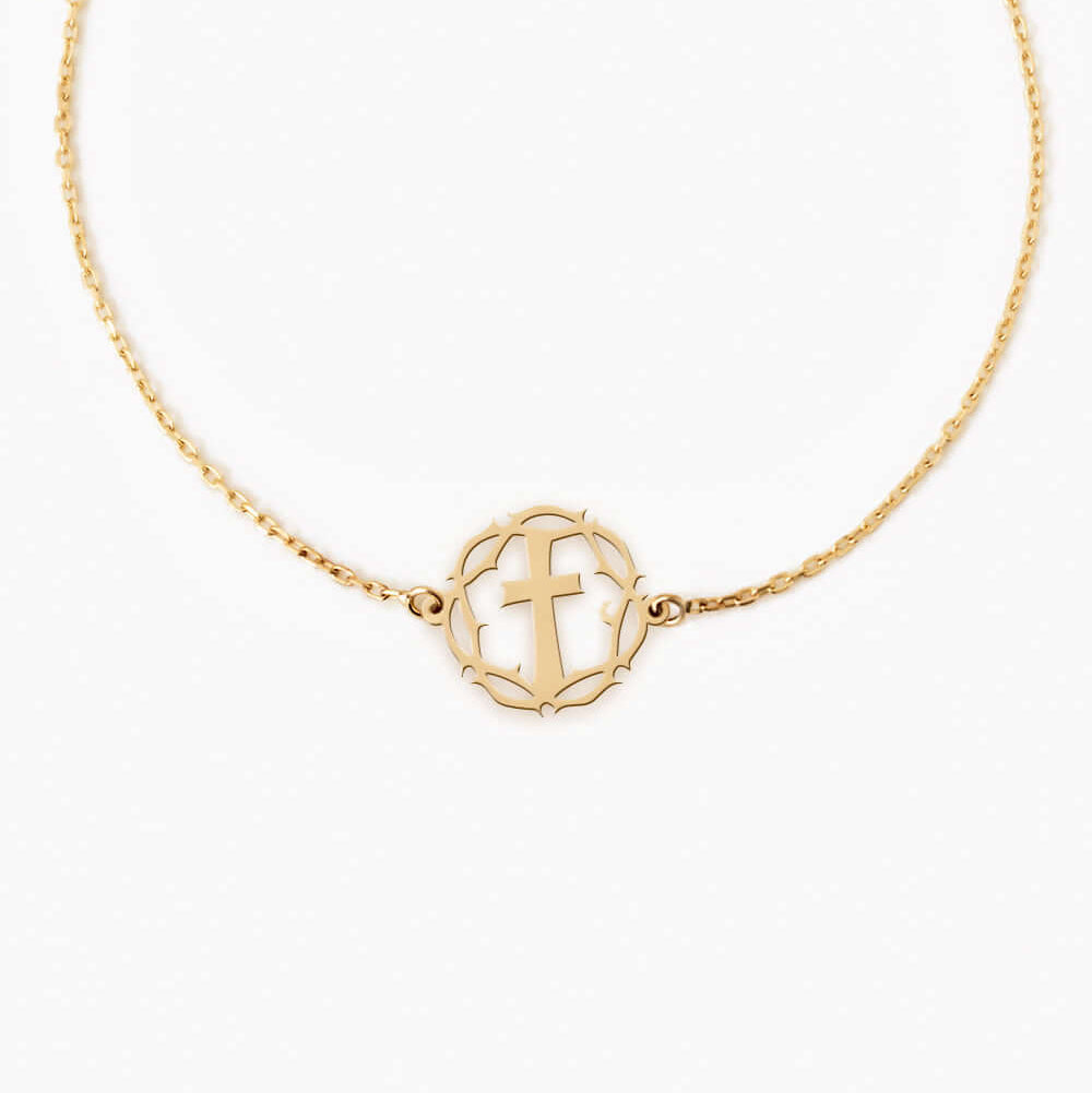 Crown Thorns Cross Bracelet 14K Gold Plated Sterling Silver