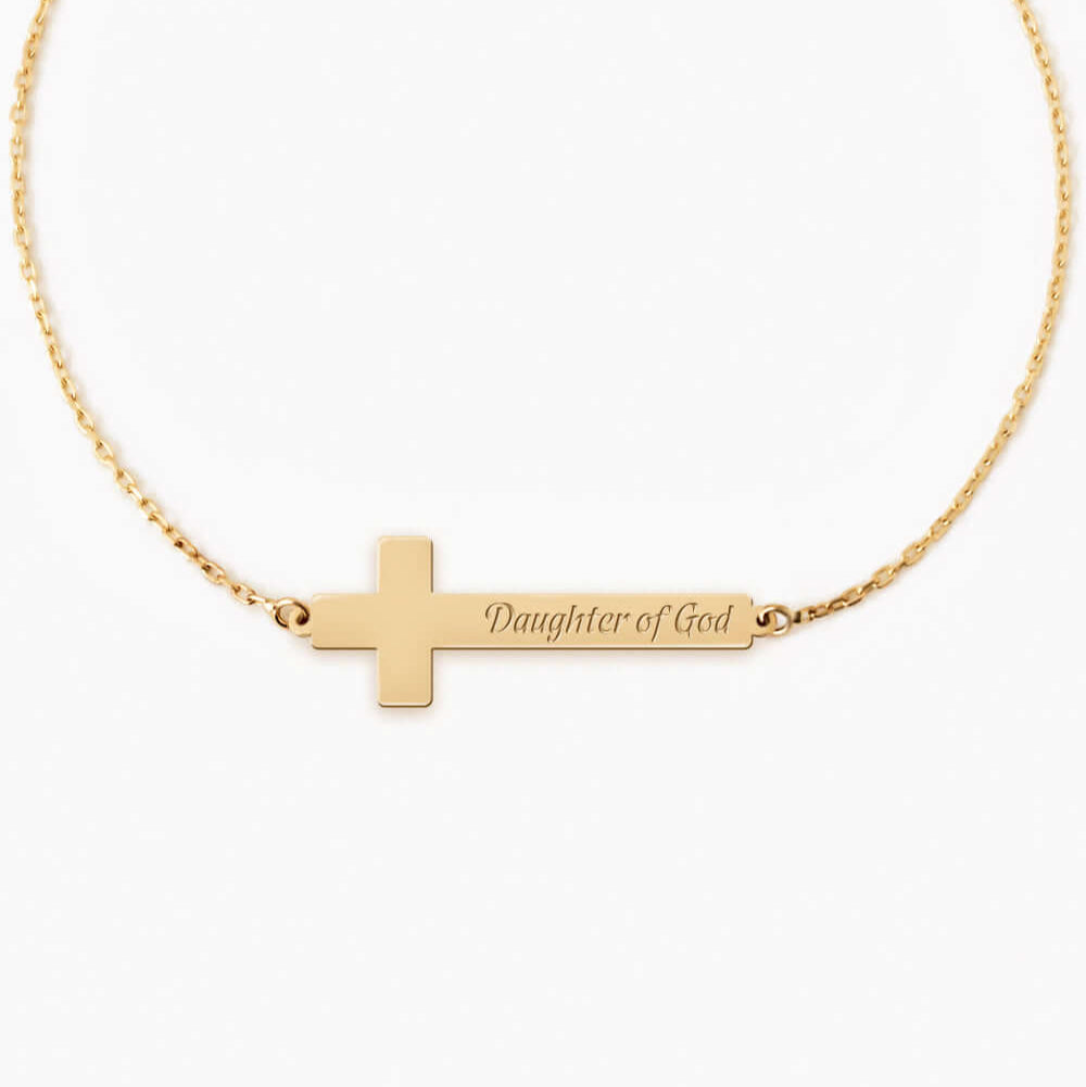 Engraved Cross Bar Bracelet in 14K Gold Plated Sterling Silver