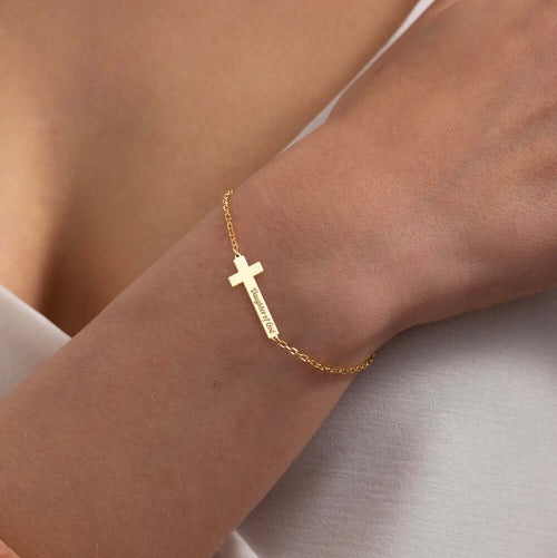 Engraved Cross Bar Bracelet in Gold Vermeil over Sterling Silver