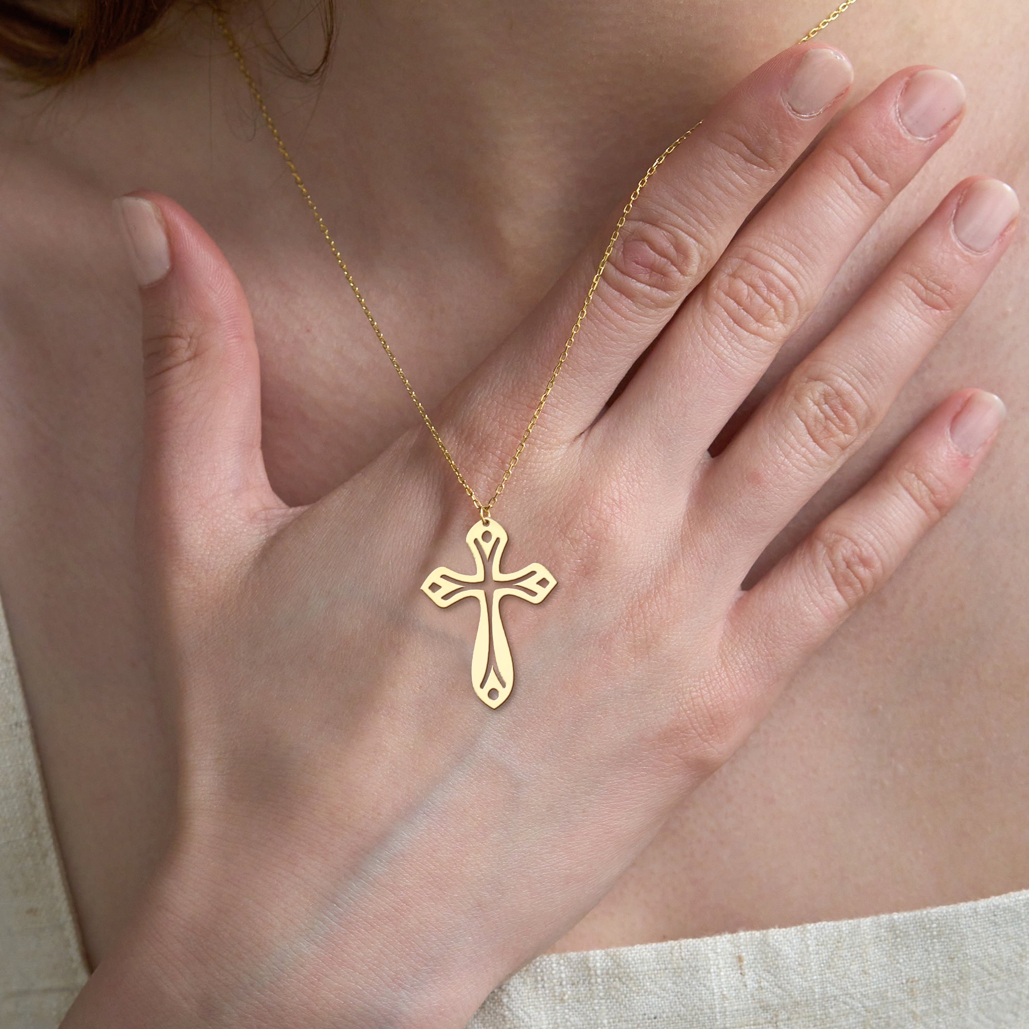 Leaf Cross in 14K Gold Plated Sterling Silver Necklace