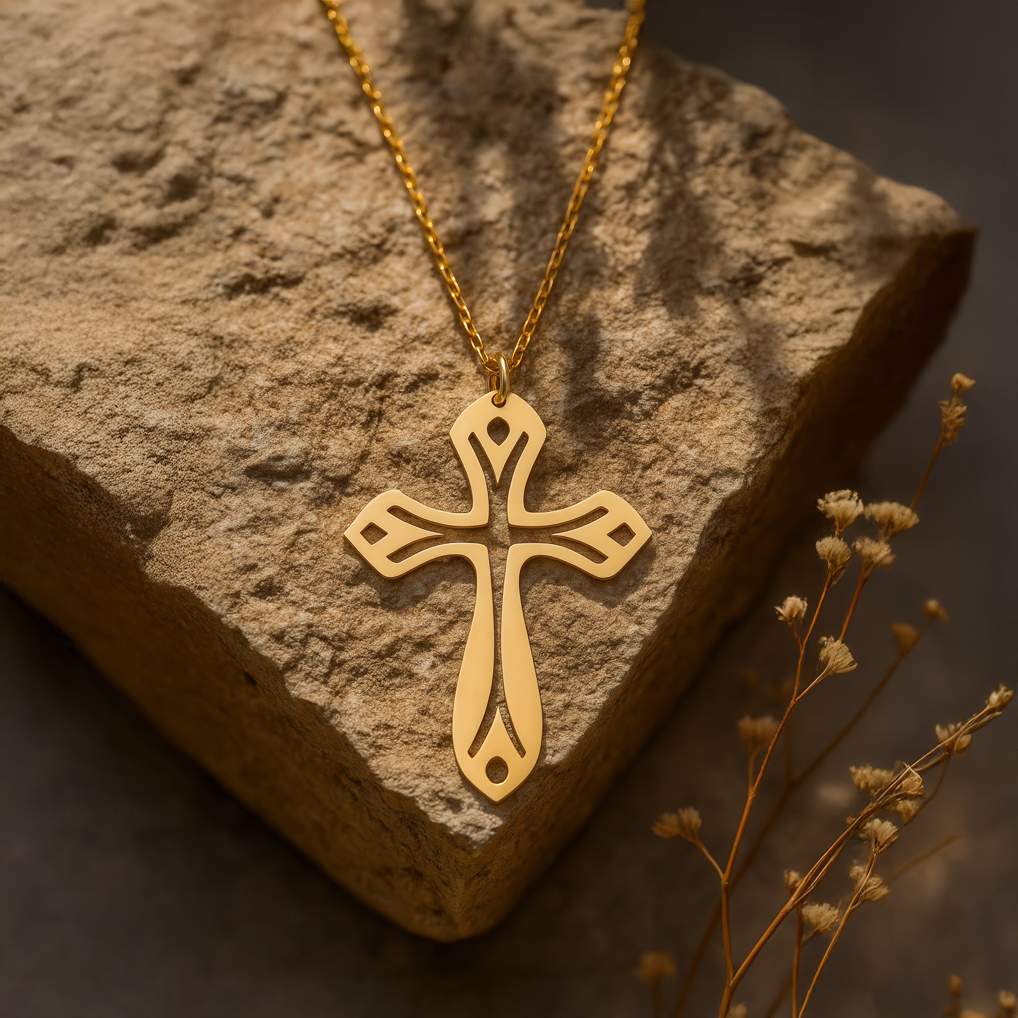 Leaf Cross in 14K Gold Plated Sterling Silver Necklace