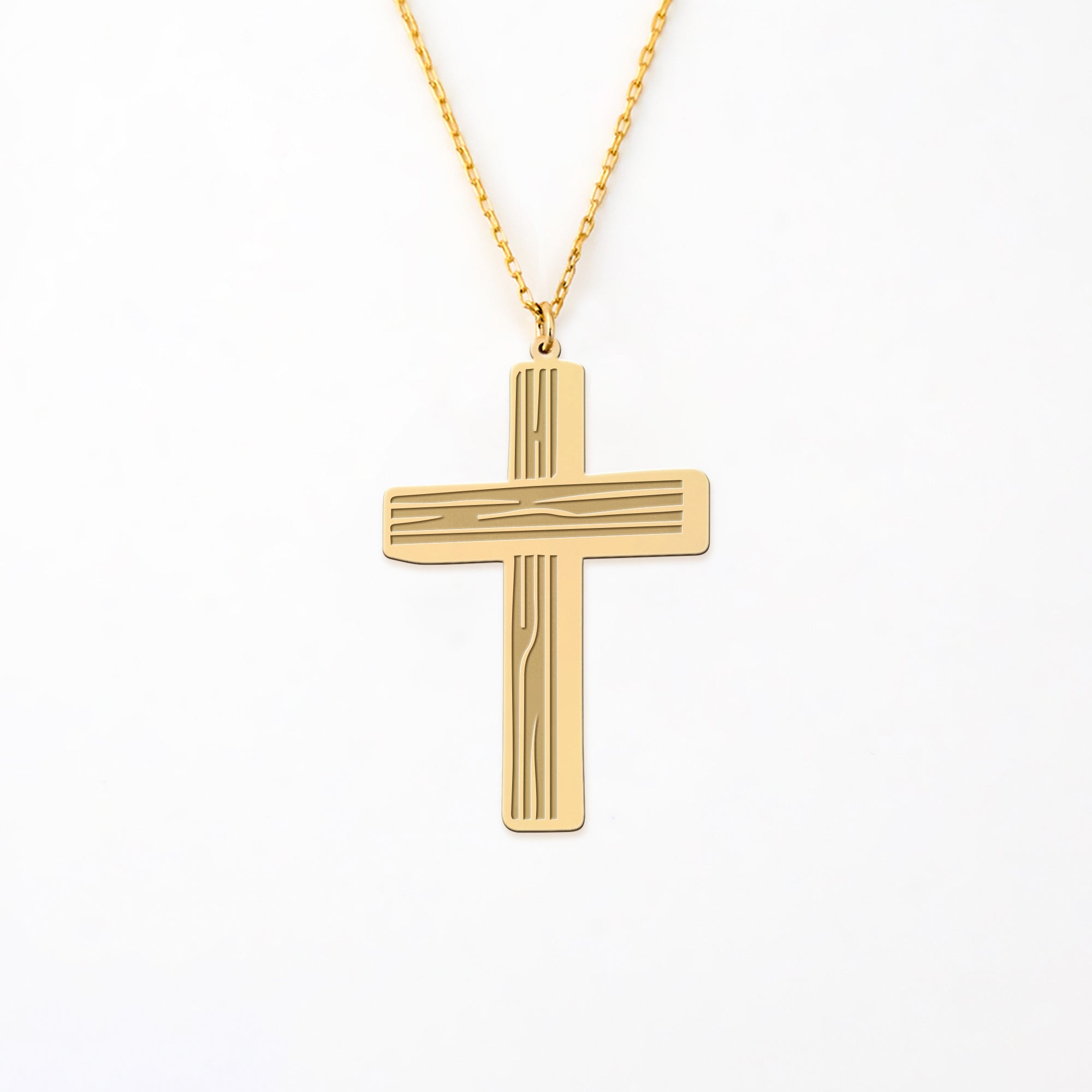 Wooden Texture Cross 14K Gold Plated Sterling Silver Necklace