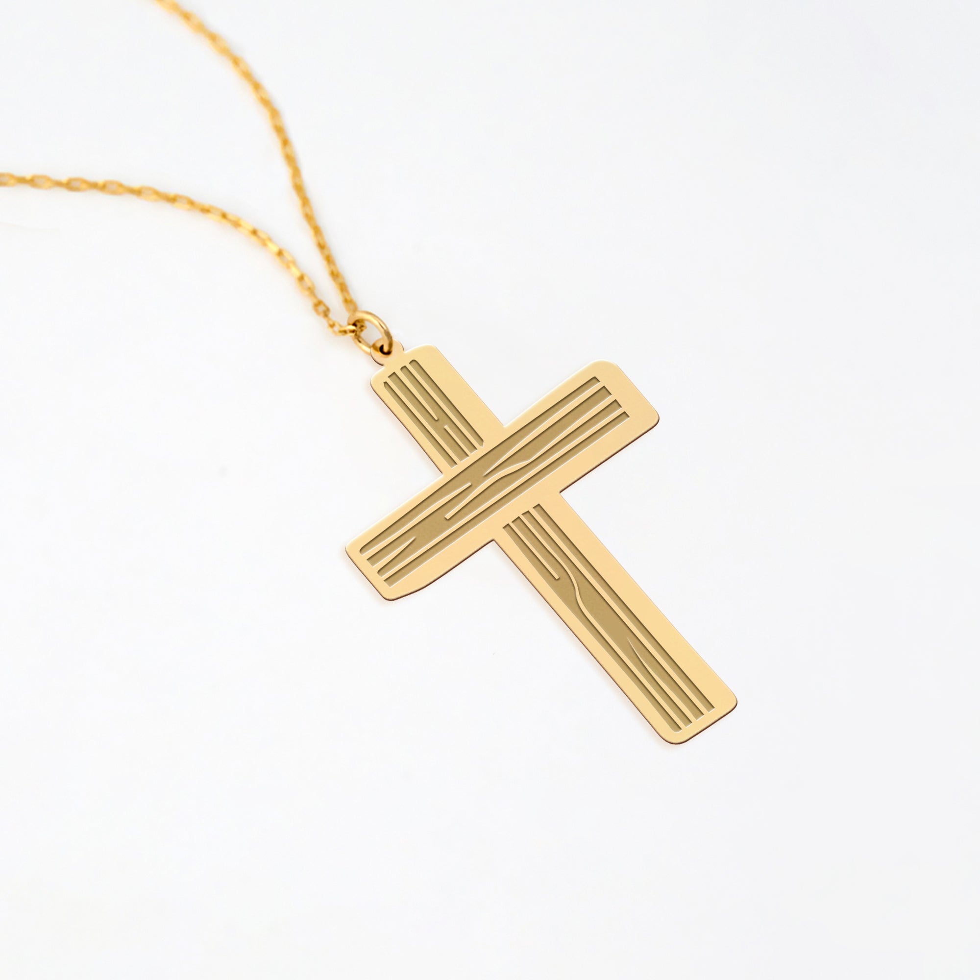 Wooden Texture Cross 14K Gold Plated Sterling Silver Necklace