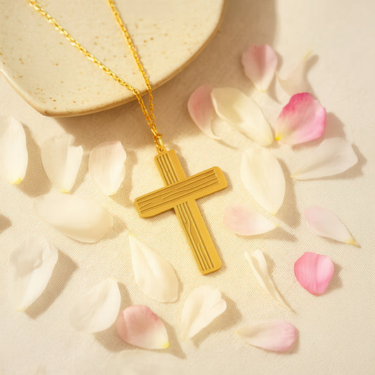 Wooden Texture Cross 14K Gold Plated Sterling Silver Necklace