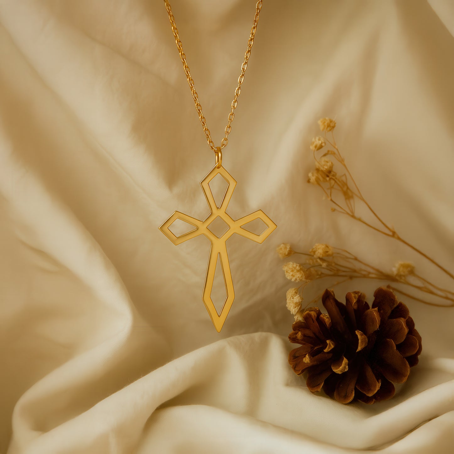 Geometric Cross Necklace 14K Gold Plated Sterling Silver