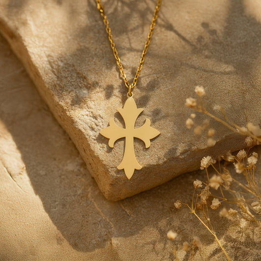 Gothic Fleur Cross 14K Gold Plated Sterling Silver Necklace
