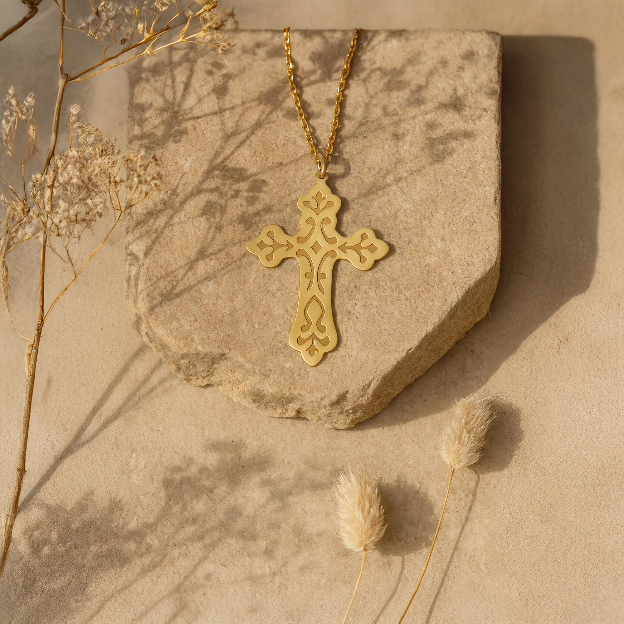 Ornate Cross Necklace in Yellow Gold Vermeil over Sterling Silver