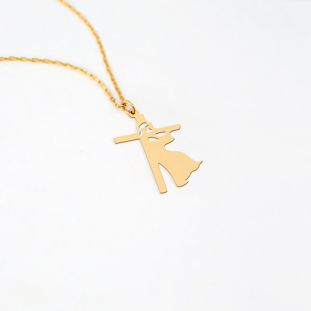 Christ Carrying Cross Necklace in Yellow Gold Vermeil