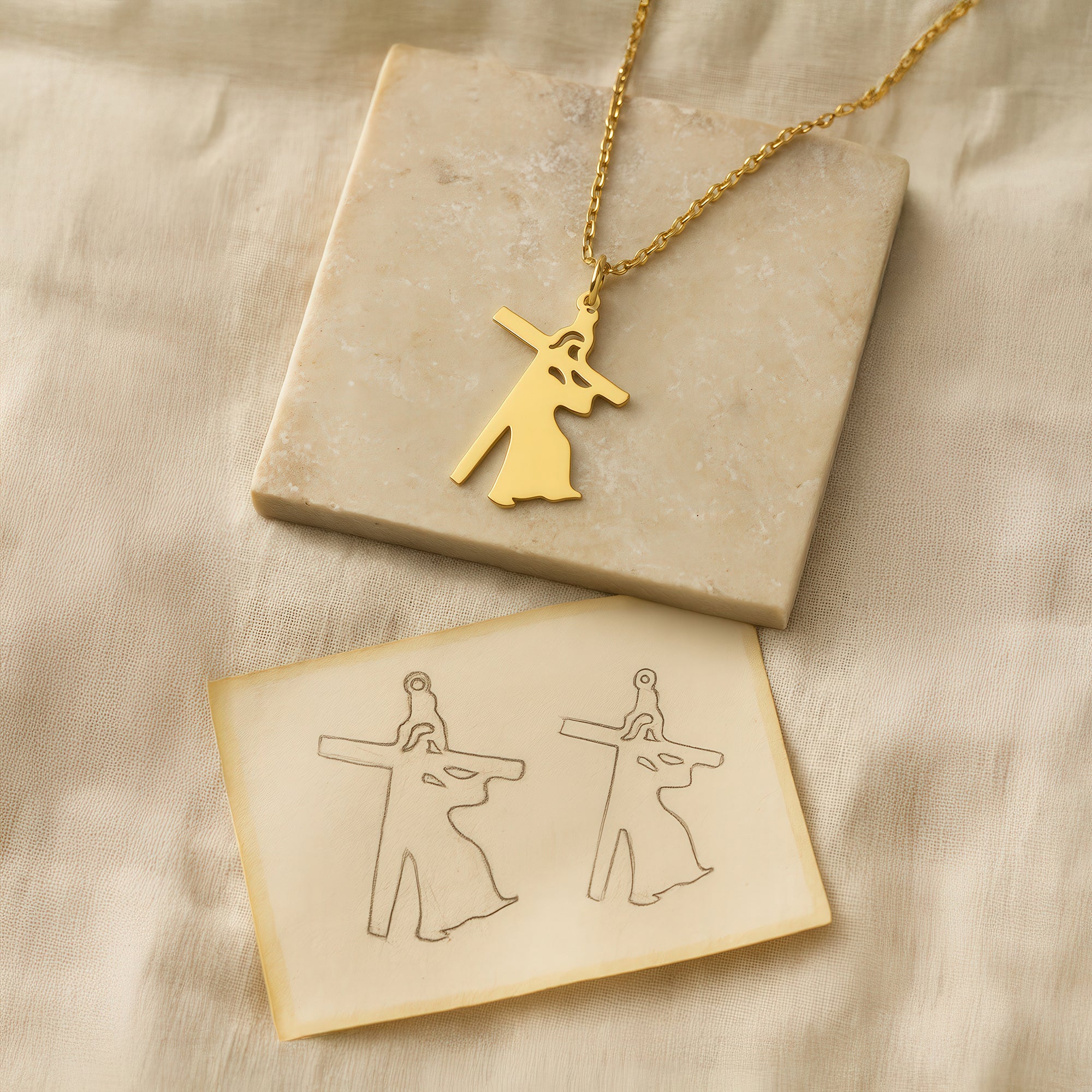 Christ Carrying Cross Necklace in Yellow Gold Vermeil