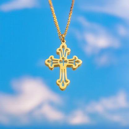 Ornate Puncake Cross 14K Gold Plated Sterling Silver Necklace