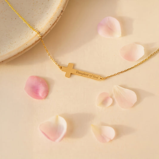 Engraved Cross Bar Bracelet in 14K Gold Plated Sterling Silver