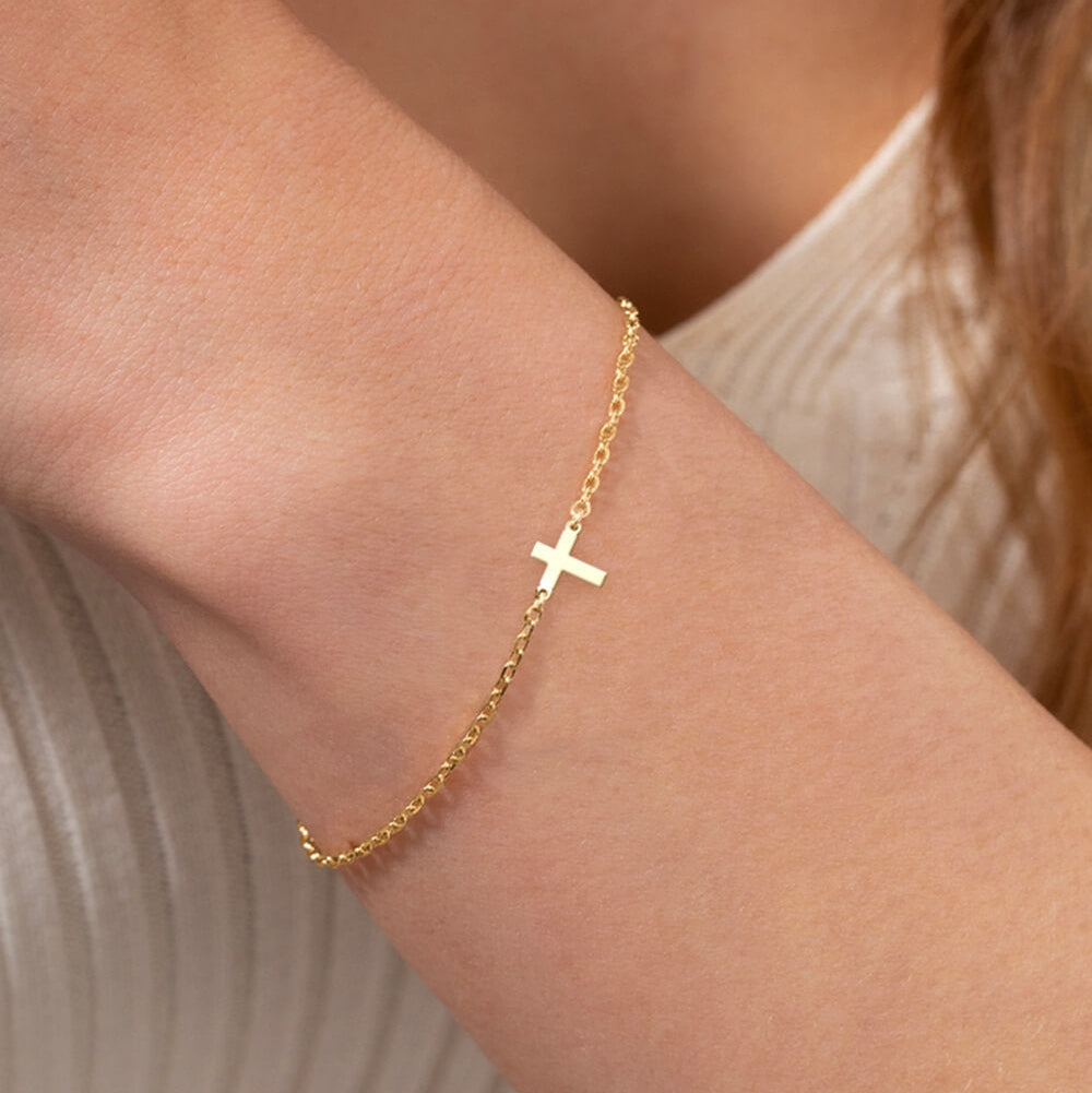 Minimalist Tiny Cross Bracelet in 14K Gold Plated Sterling Silver