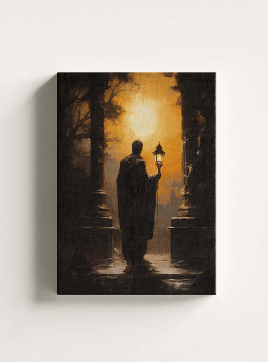 John 12:46 Figure with Lantern - Christian Artwork Canvas Print