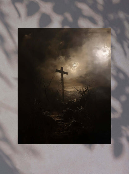 John 3:16 Inspirational Bible Verse, Ethereal Crucifixion Poster Print - Sacred Art