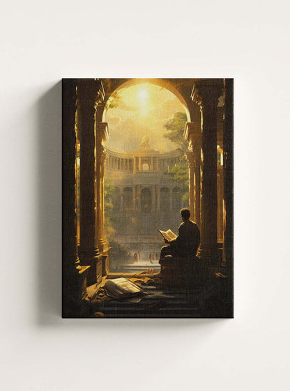 Matthew 7:7 Ancient Library Scene - Bible Scripture Wall Art Canvas Print