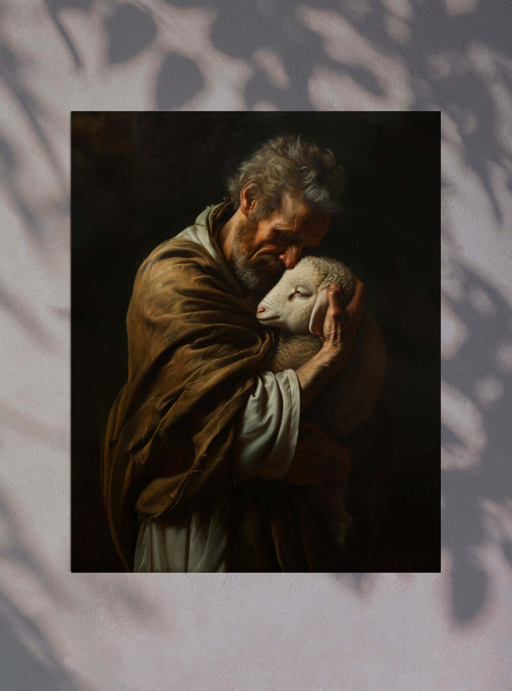 Serene Shepherd Embrace: Christian Iconography Inspired Artistic Poster Print