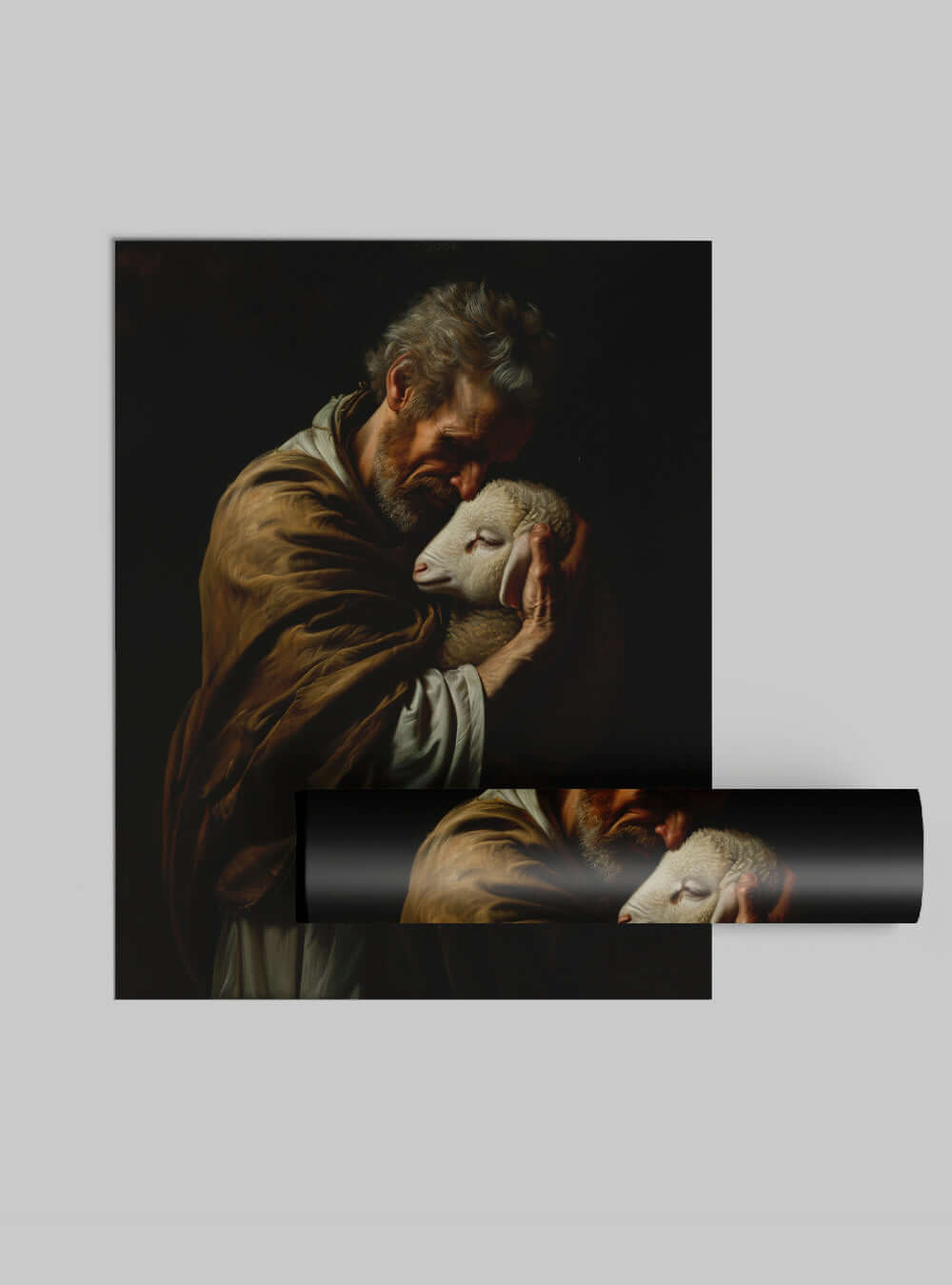 Serene Shepherd Embrace: Christian Iconography Inspired Artistic Poster Print