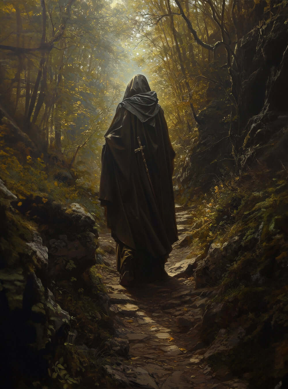 Timeless Christian Artwork: Inspirational Pathway Cloaked Figure Poster depicting Proverbs 3:6