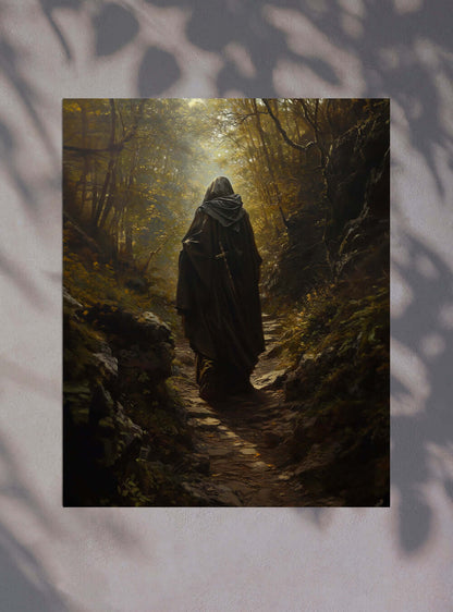 Timeless Christian Artwork: Inspirational Pathway Cloaked Figure Poster depicting Proverbs 3:6