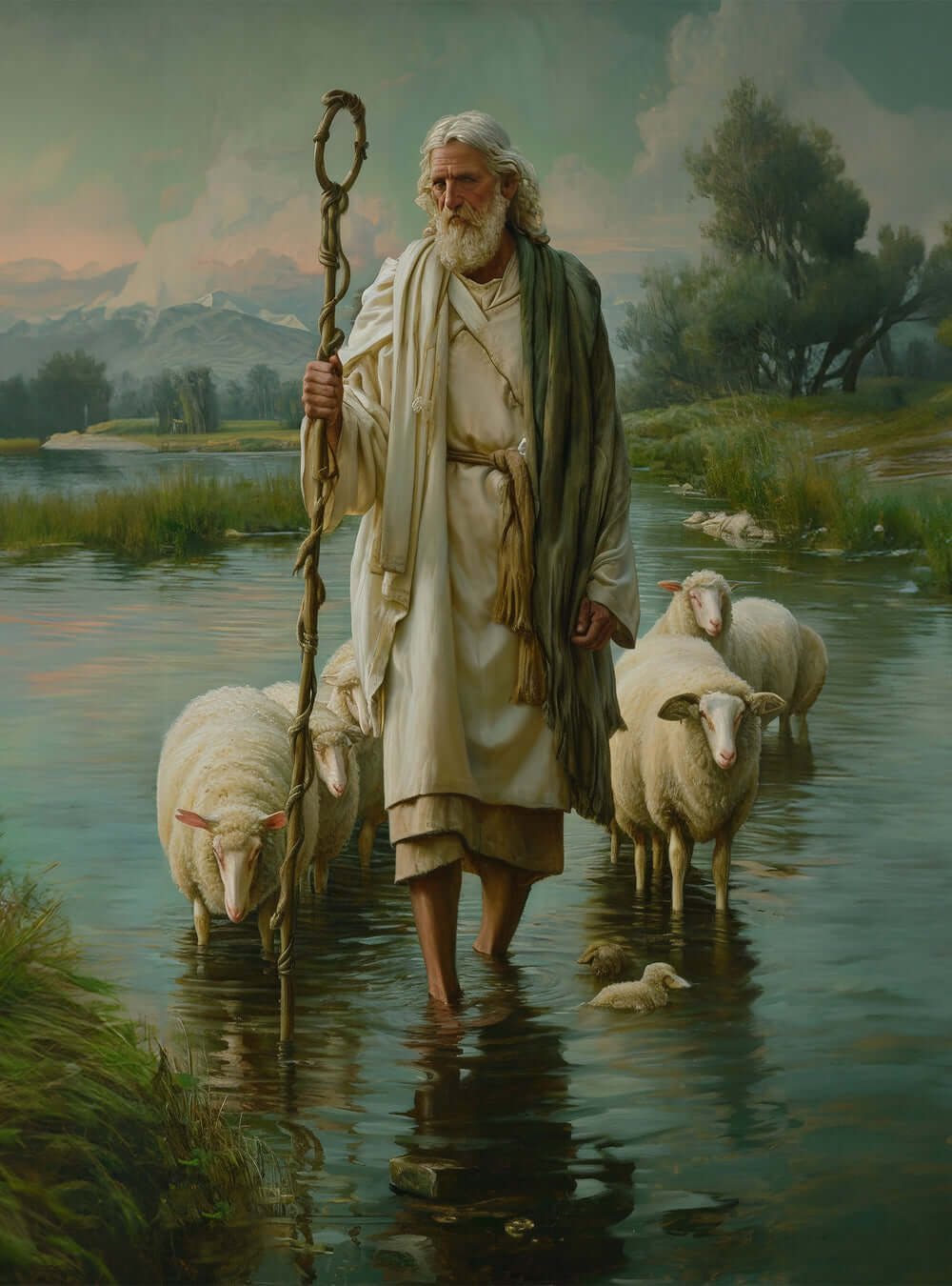 Tranquil Shepherd's Waterscape from Psalm 23:2-3, Christian Iconography Print