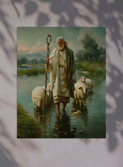 Tranquil Shepherd's Waterscape from Psalm 23:2-3, Christian Iconography Print