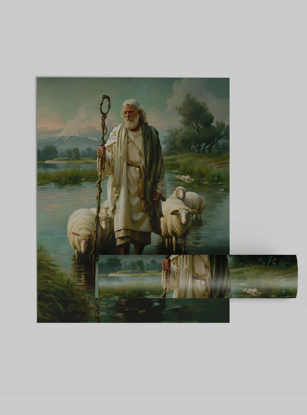 Tranquil Shepherd's Waterscape from Psalm 23:2-3, Christian Iconography Print