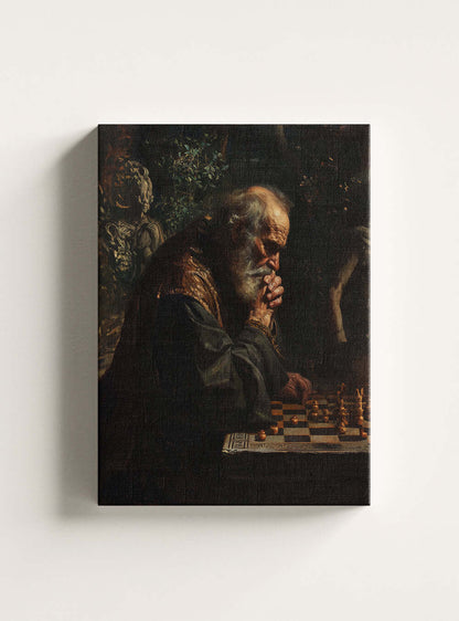 Wisdom-imbued Christian Canvas Art: Sage's Chessboard Reflection