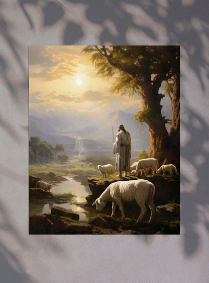 John 10:11 Shepherd Landscape - Christian Decor Poster Print