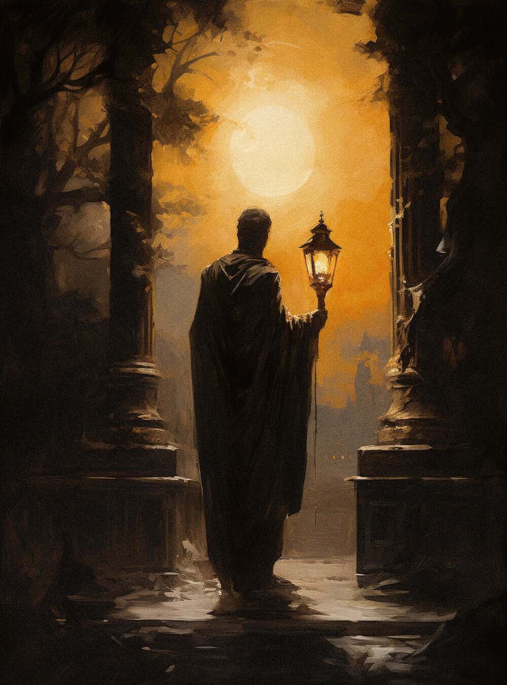 John 12:46 Figure with Lantern - Christian Artwork Poster Print