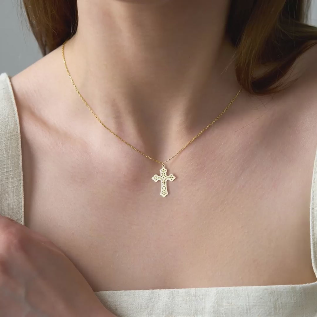 Ornate Cross Necklace in Yellow Gold Vermeil over Sterling Silver