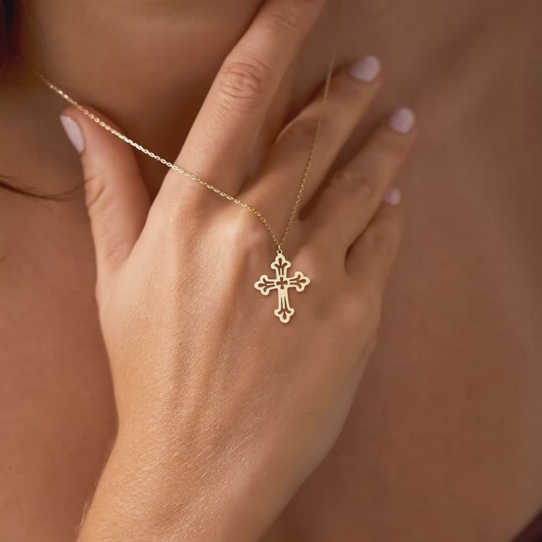 Ornate Puncake Cross 14K Gold Plated Sterling Silver Necklace